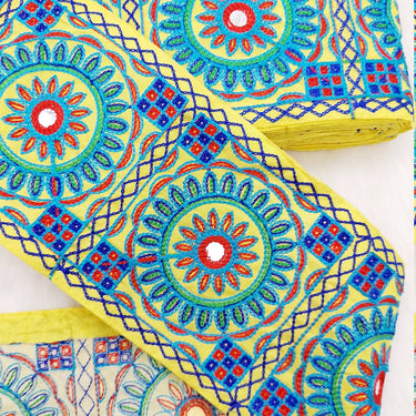 Indian Yellow Fabric Trim, Mirror Floral Kutch Embroidered, Decorative Trim